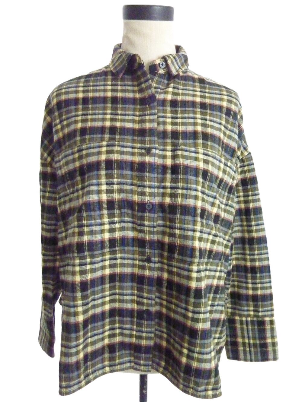 NWT Everlane Womens Boxy Flannel Shirt M Plaid Olive Black Green Casual